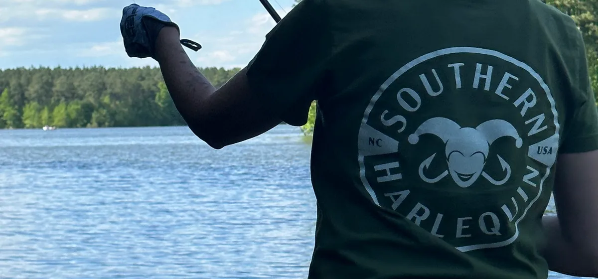 Casting into open water under a wide blue sky on an NC lake