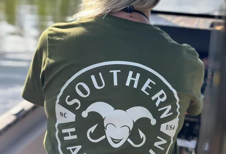 Olive Southern Harlequin logo tee, back view